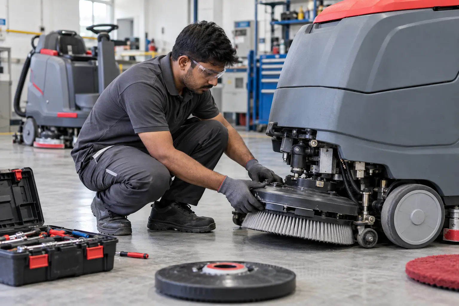 Illustrative supplier technician inspecting a floor-scrubbing machine in an equipment workshop