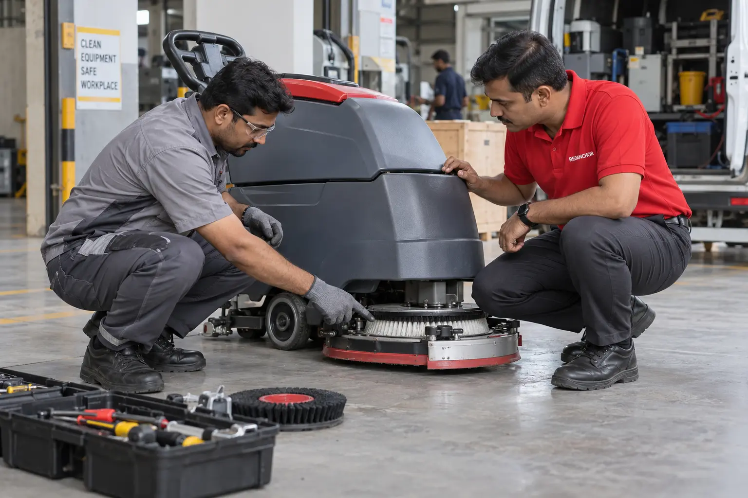 Illustrative REDANCHOR supervisor inspecting a floor-scrubber demonstration with a supplier technician in an Indian facility