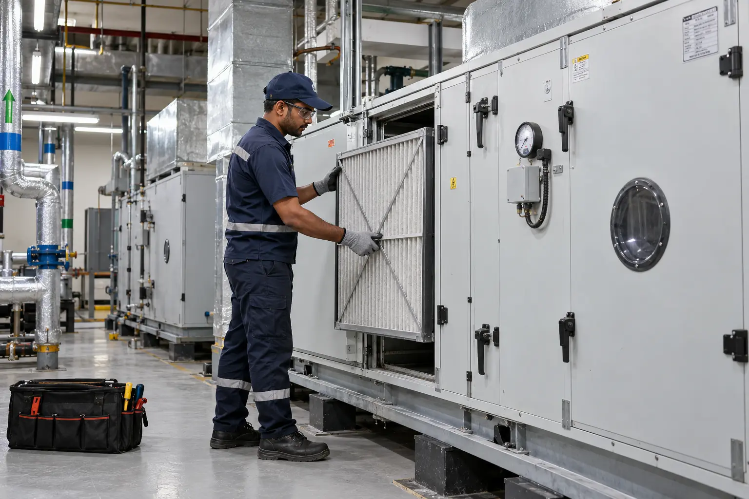 Illustrative external HVAC service technician maintaining an accessible air-handling-unit filter