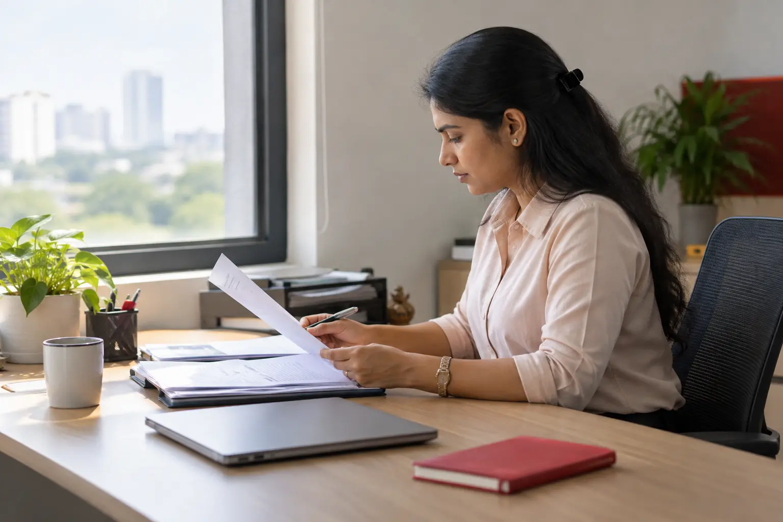 HR administrator reviewing workforce records in a professional Indian office