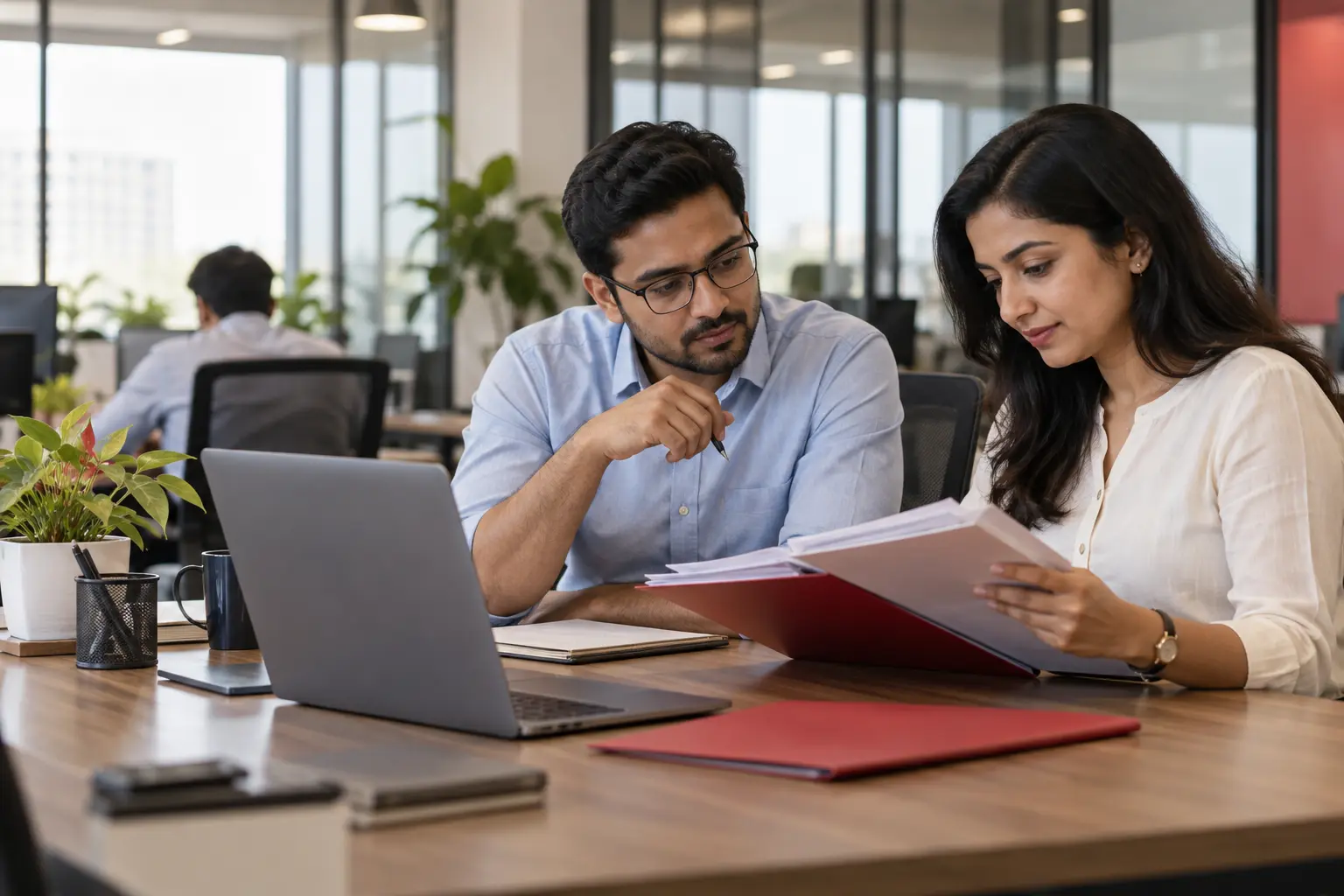 Indian HR and payroll administration professionals reviewing workforce records in a business office