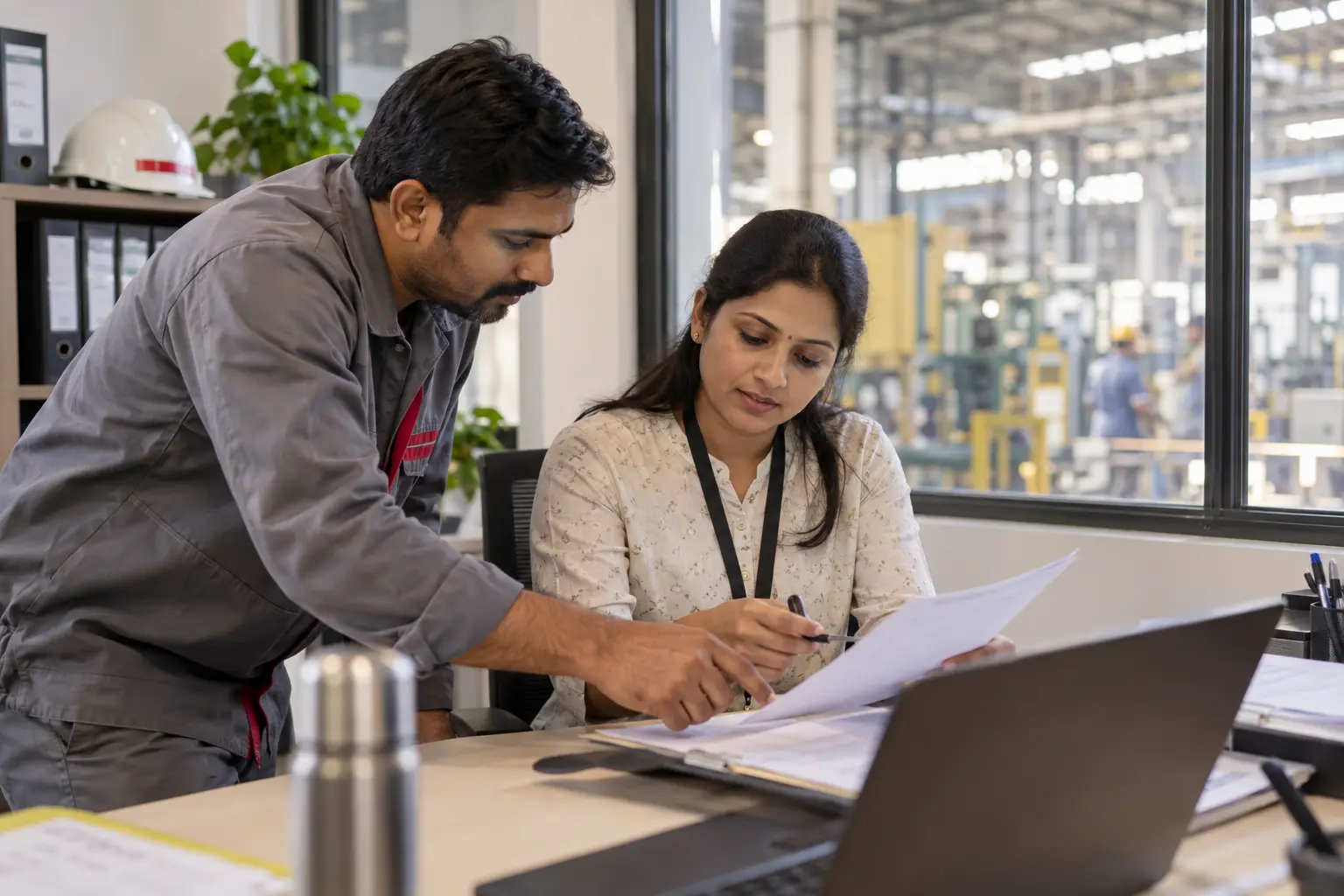 Payroll administrator and site supervisor reviewing shift records in an Indian industrial administration office