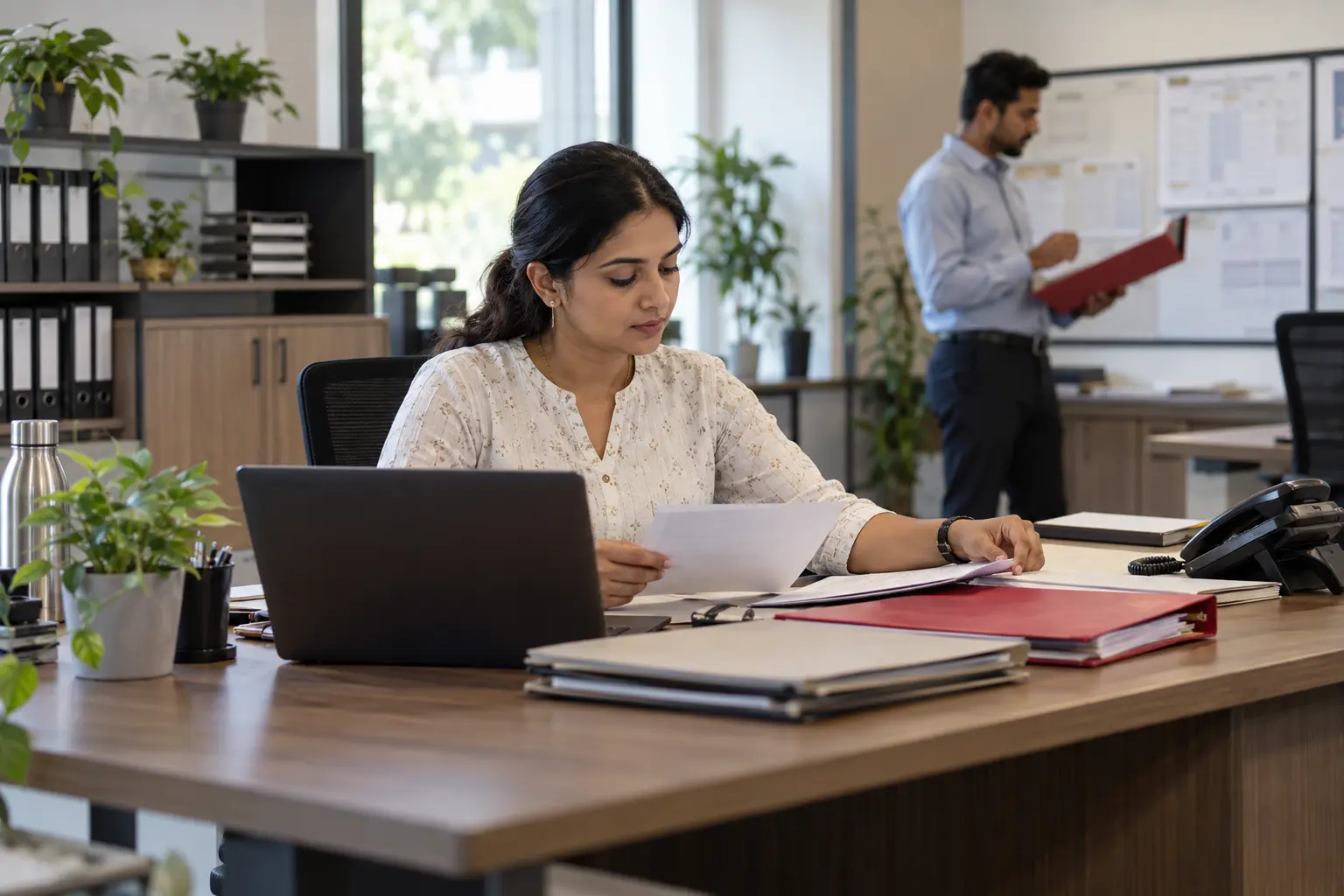 Operations coordinators organising facility records in an administration office