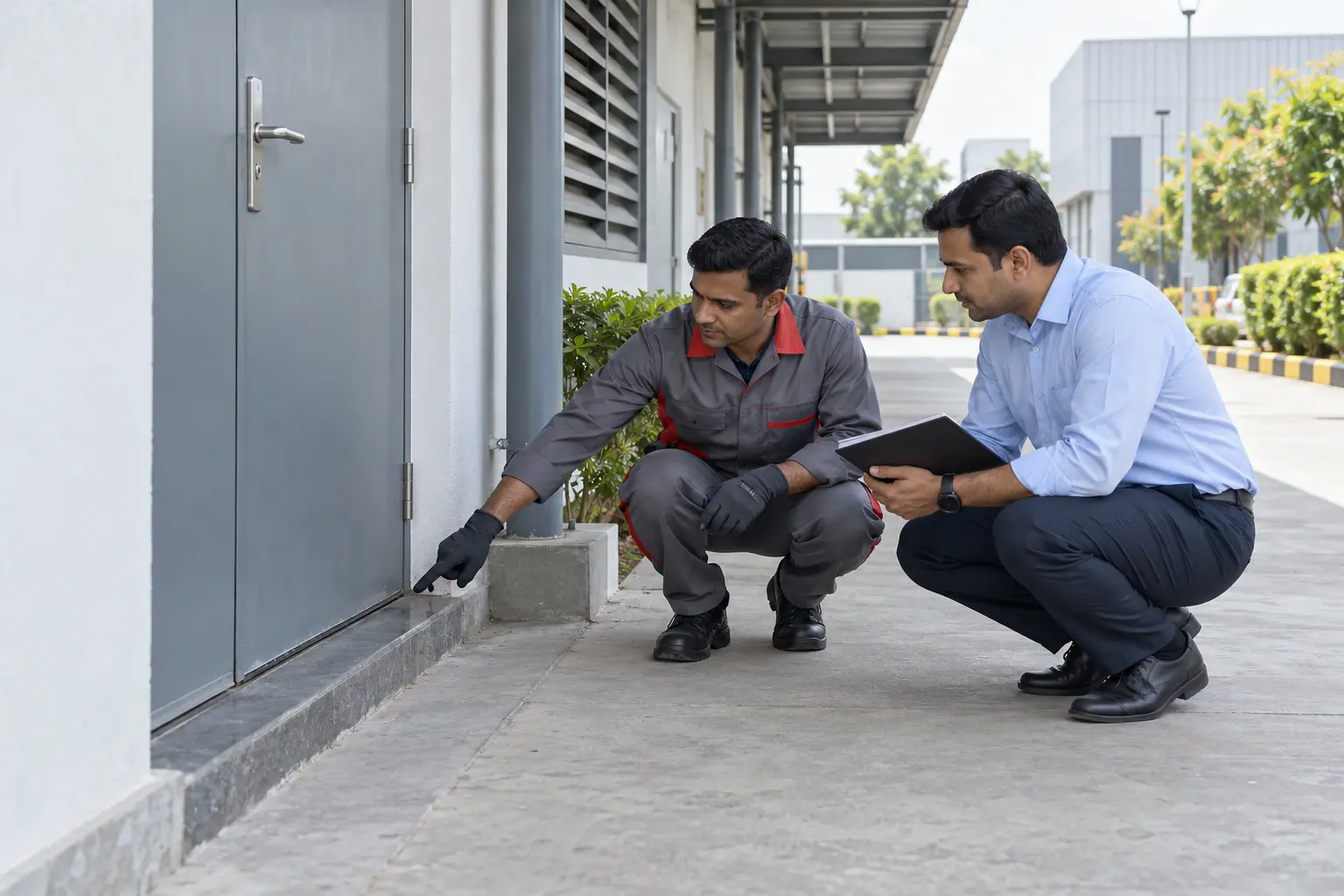 Pest-control inspection technician and facility manager reviewing a commercial premises perimeter