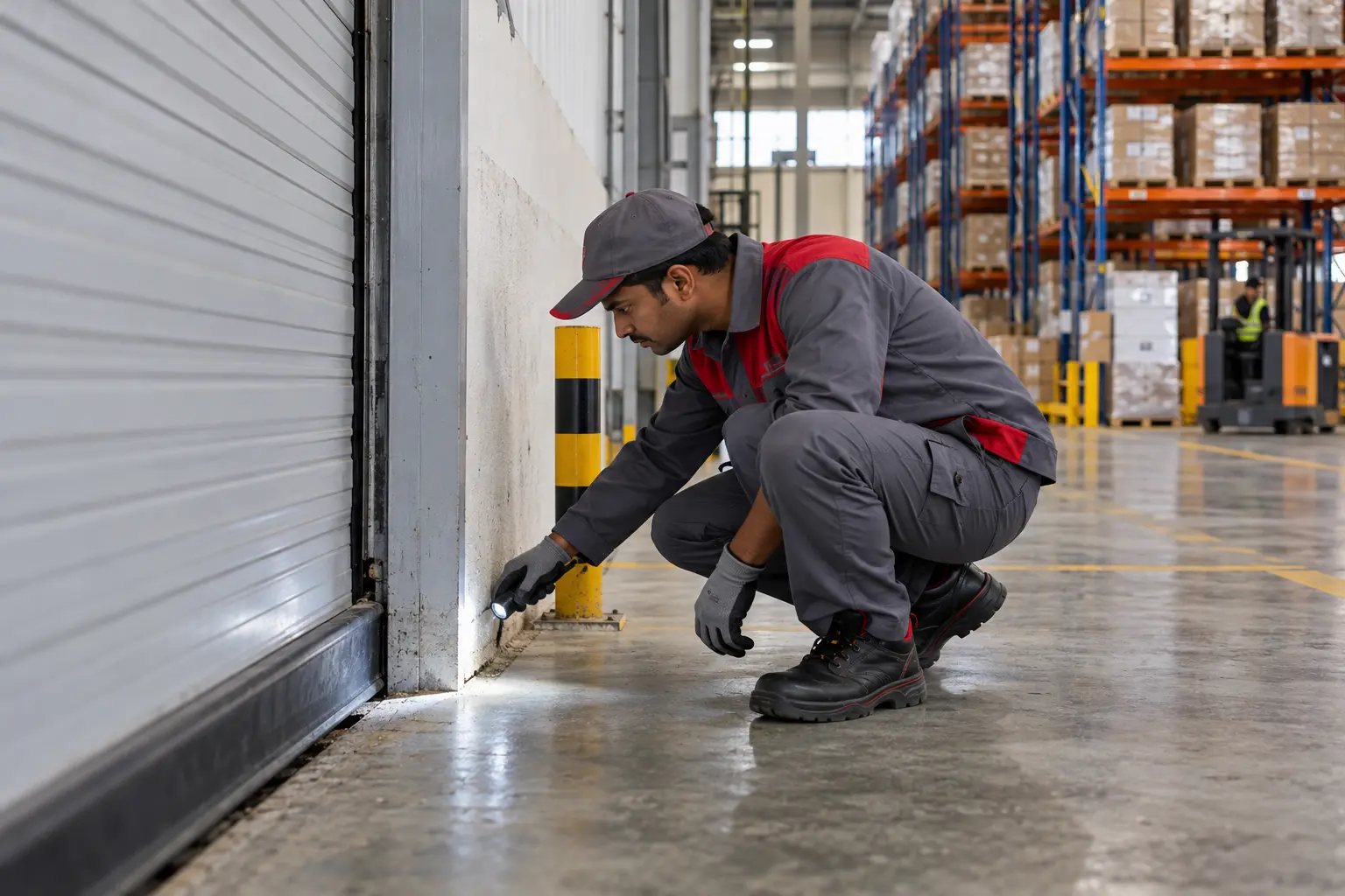 Pest-control technician inspecting a warehouse access point with appropriate protective workwear