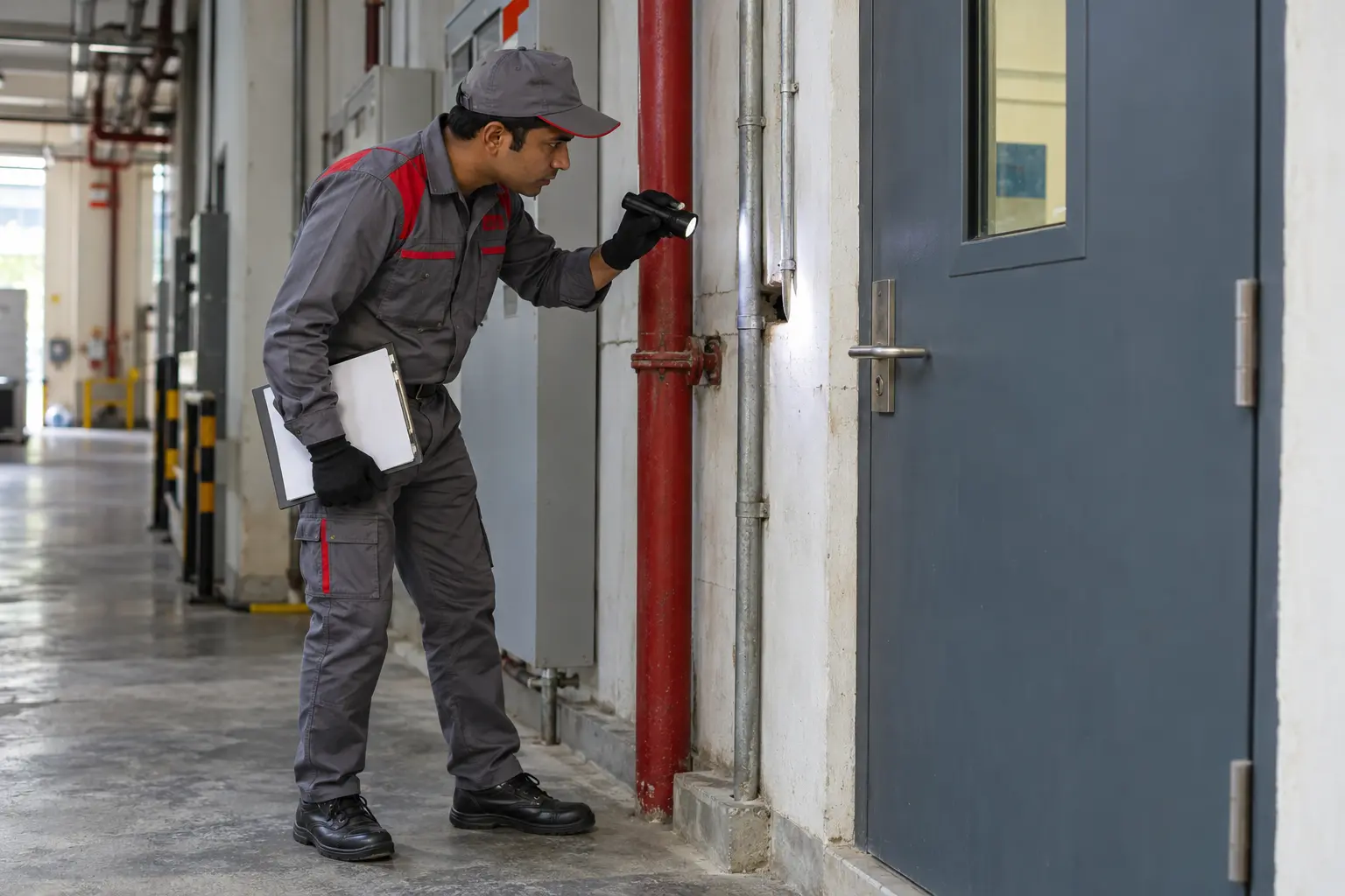 Technician inspecting a utility access point and service-door condition in a commercial facility