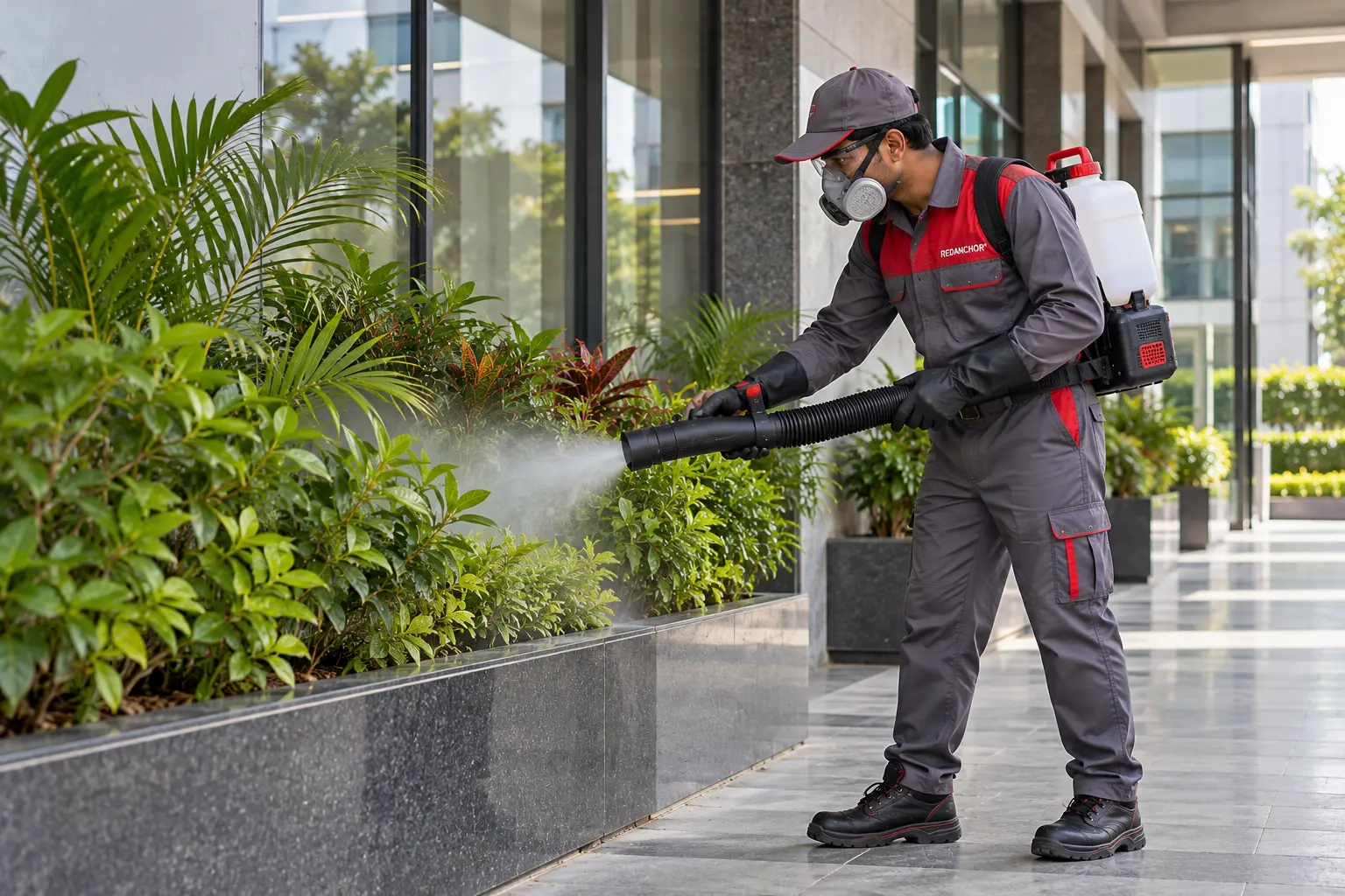 Pest-control technician in gray and red REDANCHOR workwear applying a controlled fine fog around planters outside an office facade with protective gloves, eye protection and a respirator
