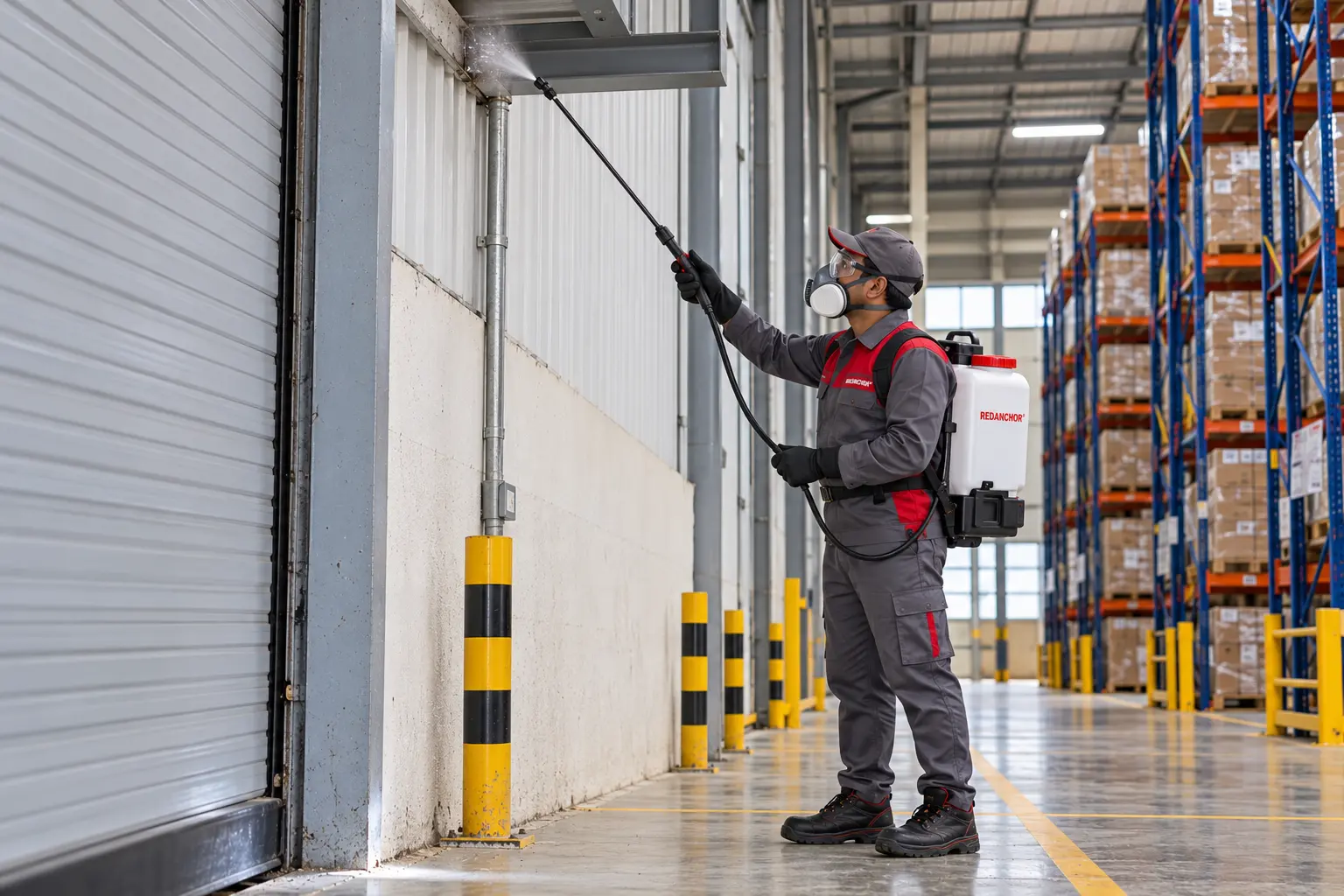 Pest-control technician in gray and red REDANCHOR workwear using a backpack sprayer at a warehouse wall-roof junction with gloves, eye protection and a respirator