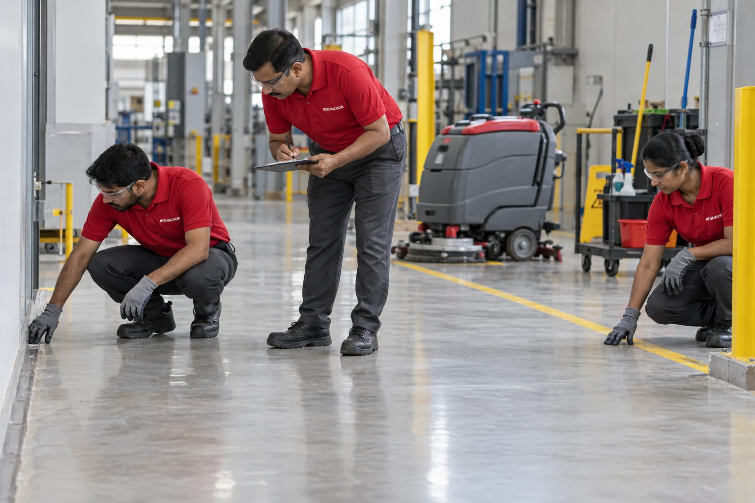Illustrative REDANCHOR supervisor reviewing a cleaned industrial area and handover checklist with the working team