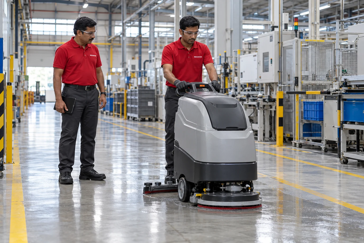 Illustrative REDANCHOR supervisor reviewing an active mechanised floor-cleaning operation inside an Indian factory