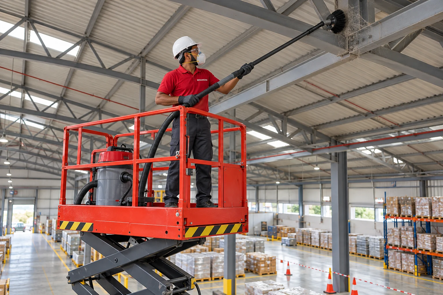 Illustrative warehouse high-level cleaning from a guarded access platform, with REDANCHOR operator vacuuming an elevated structural junction