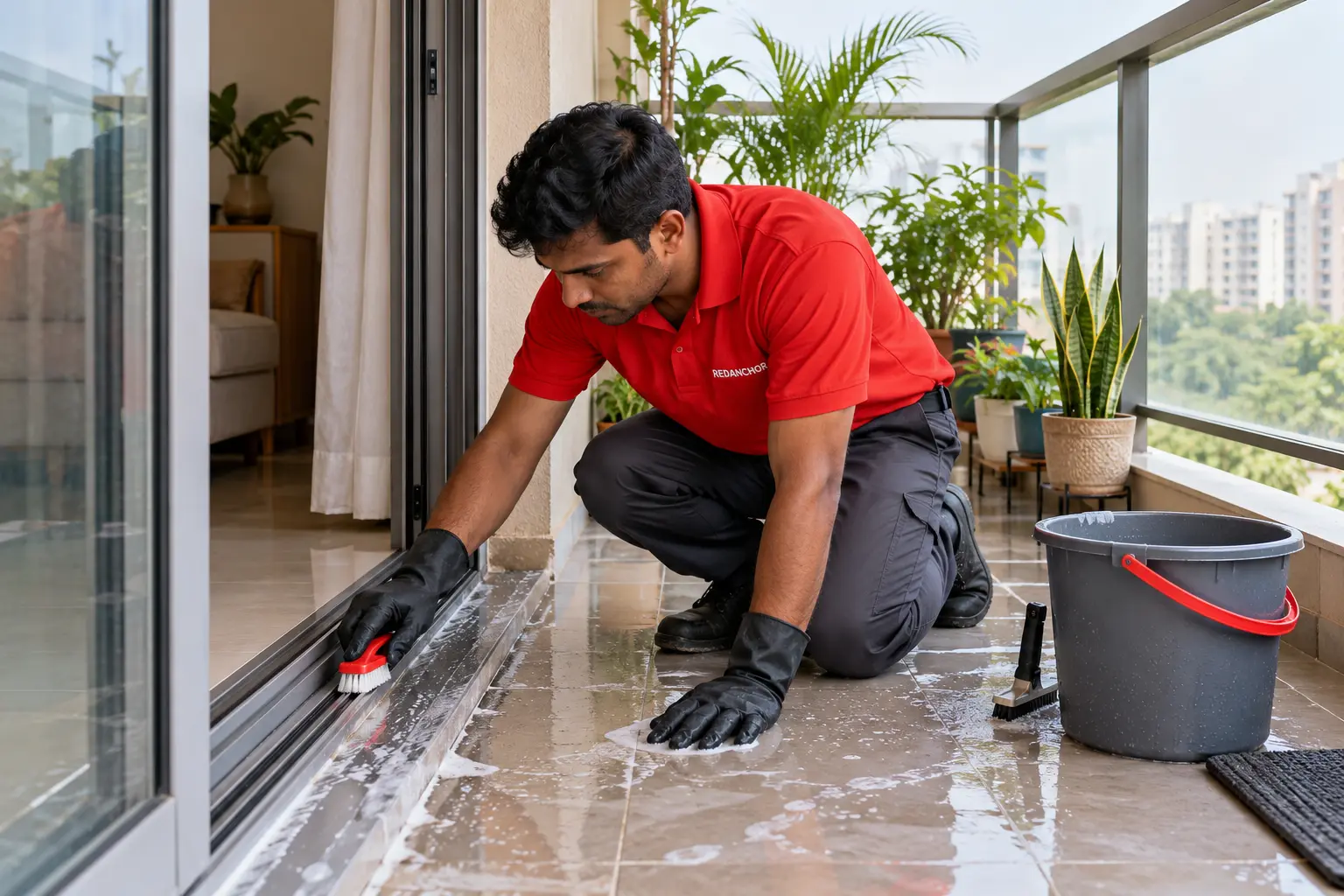 Residential cleaner scrubbing sliding-door tracks and floor inside a protected apartment balcony