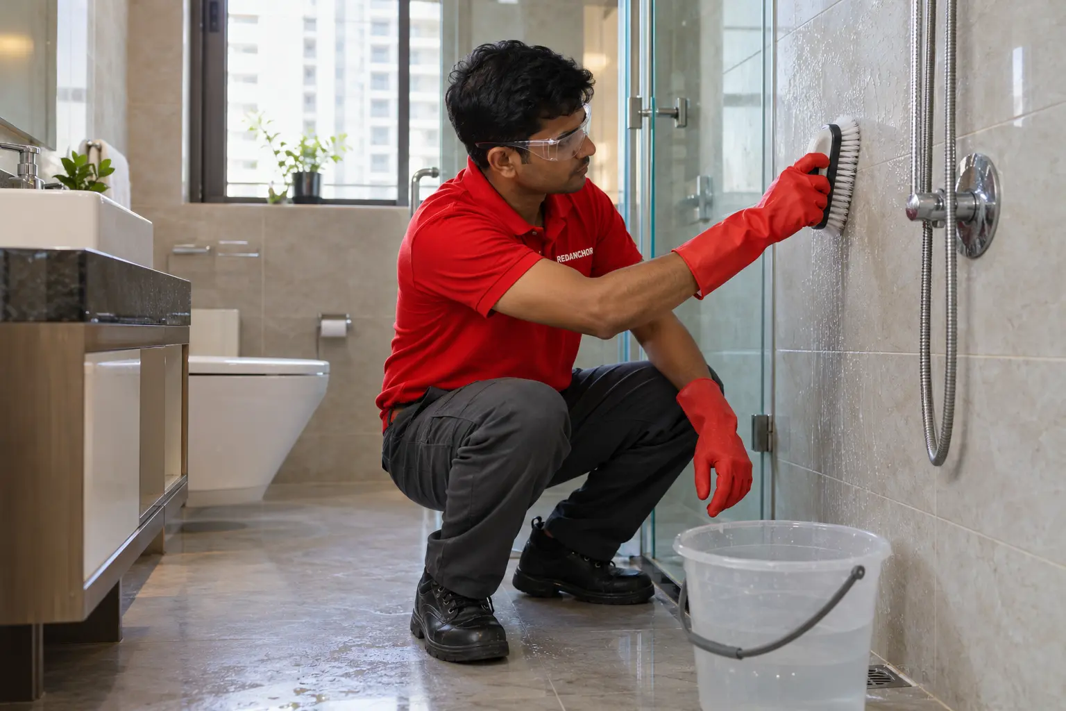 Residential cleaner scrubbing bathroom wall tiles beside a shower enclosure with appropriate gloves