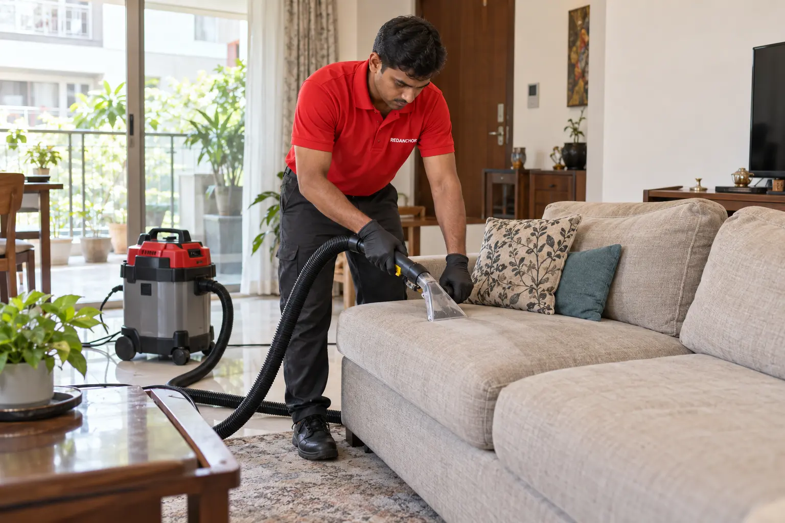 REDANCHOR technician performing optional sofa upholstery extraction cleaning in an Indian living room