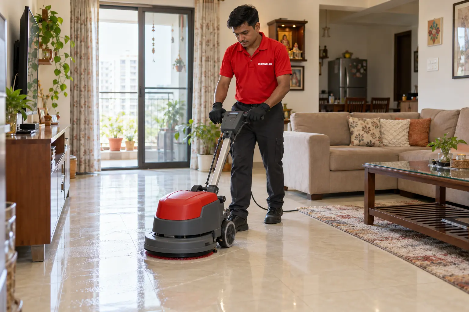 REDANCHOR residential cleaner using a compact floor scrubber on a tiled apartment living-room floor