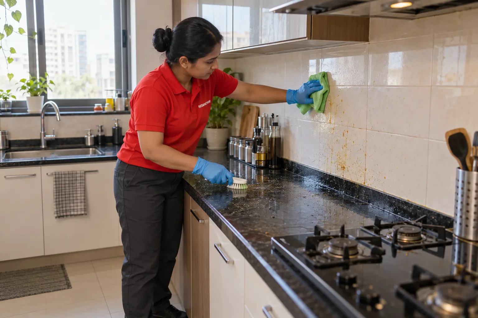 REDANCHOR cleaner removing cooking residue from a modular Indian kitchen countertop and backsplash