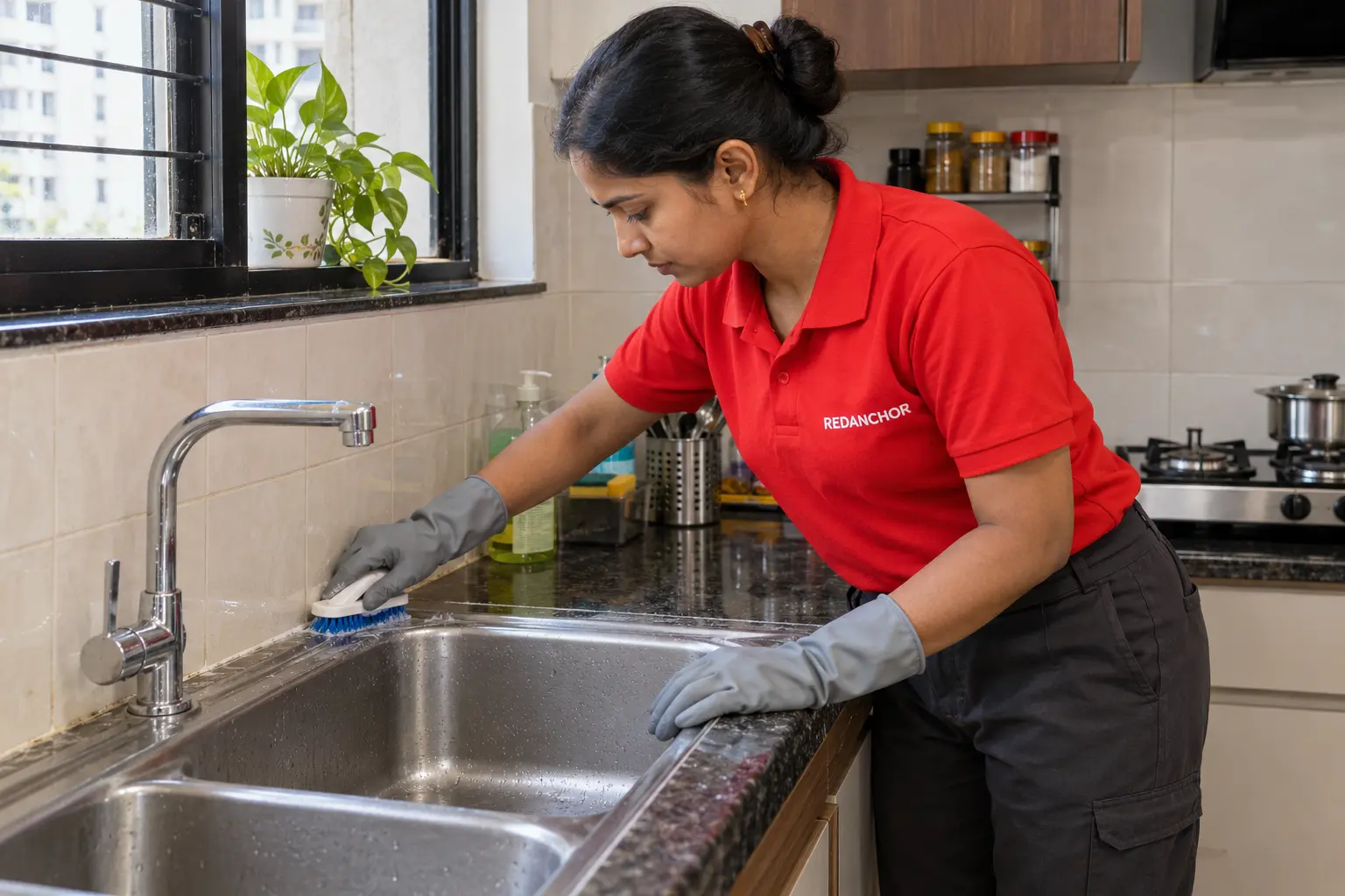 Residential cleaner detailing a kitchen sink and tiled backsplash with gloves and a hand brush