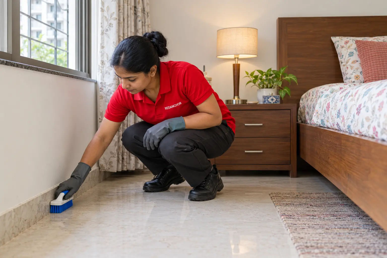 Residential cleaner detailing skirting and floor edges beside accessible bedroom furniture