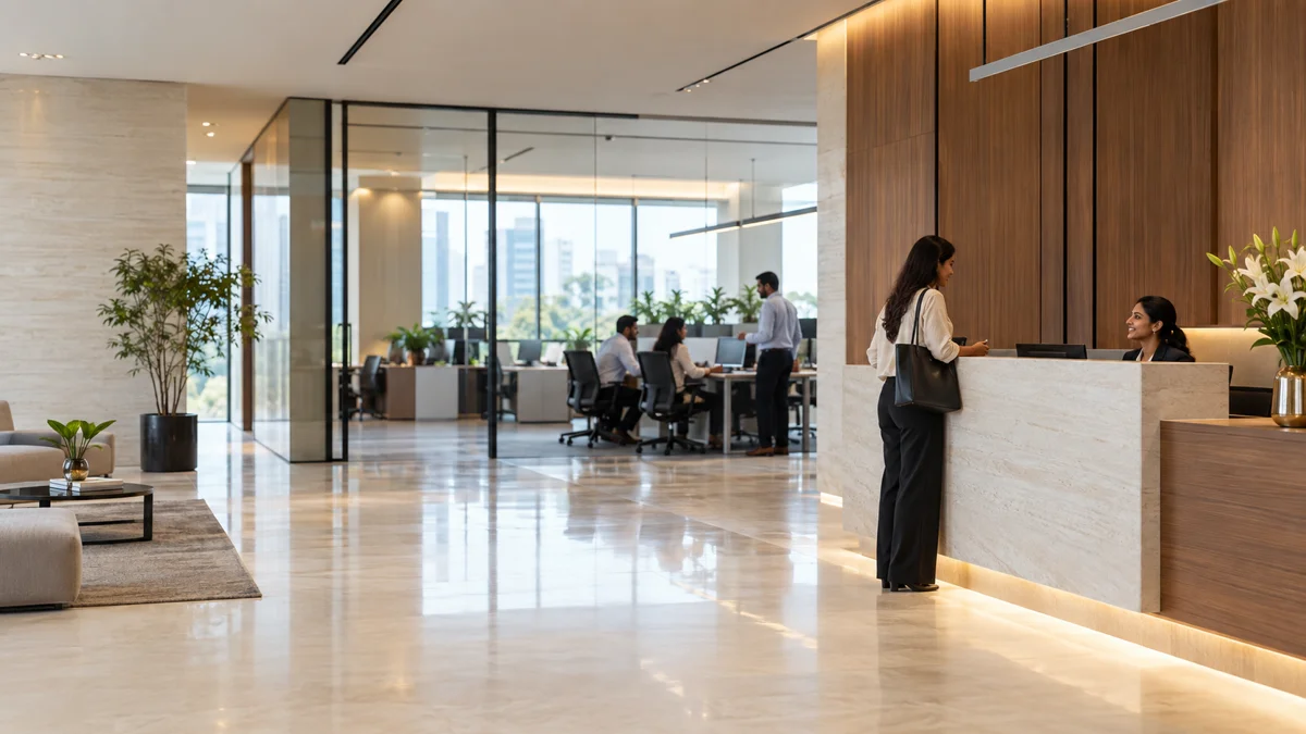 Contemporary corporate workplace with reception and office teams