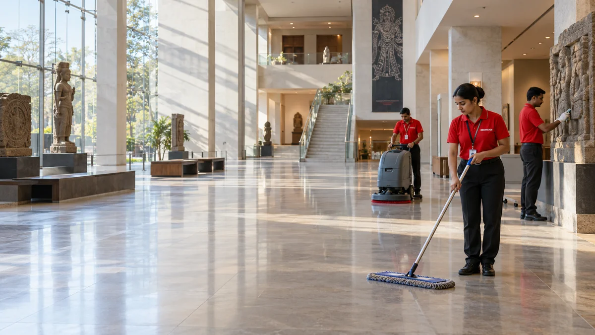 Housekeeping teams maintaining a public-use institutional interior