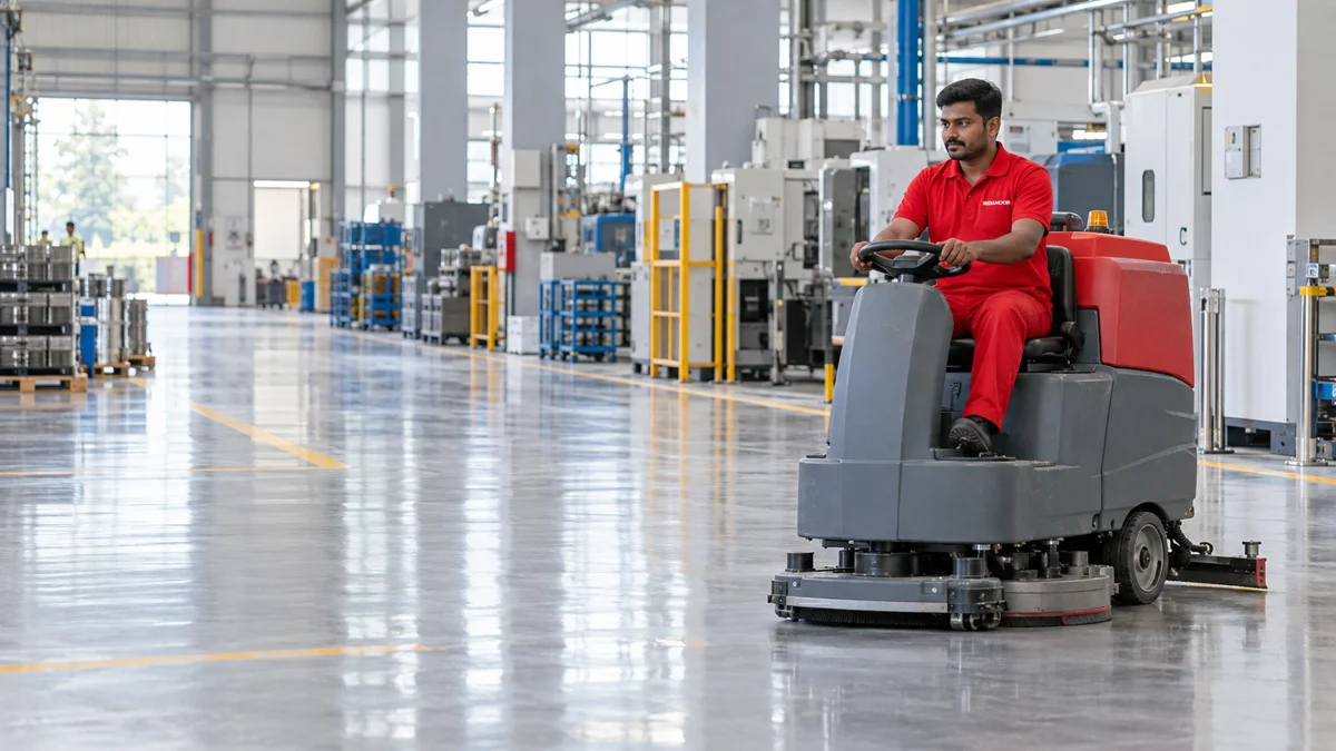 Mechanised industrial floor cleaning in a working facility