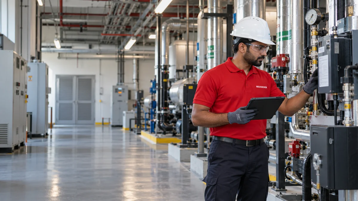 Technician inspecting equipment and surfaces within an industrial facility
