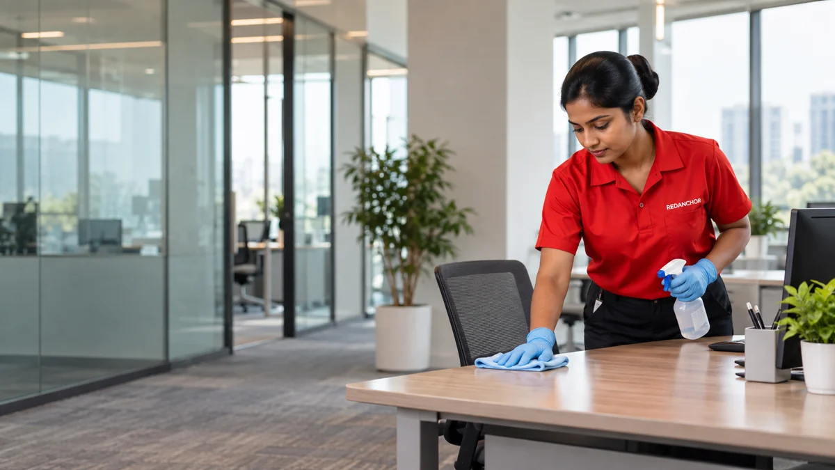 Housekeeping professional cleaning a desk in a contemporary workplace
